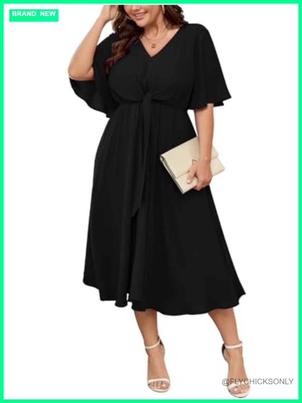 Plus Size Midi Dress V-Neck Short Sleeve Tie Waist A-Line Summer Wedding Guest